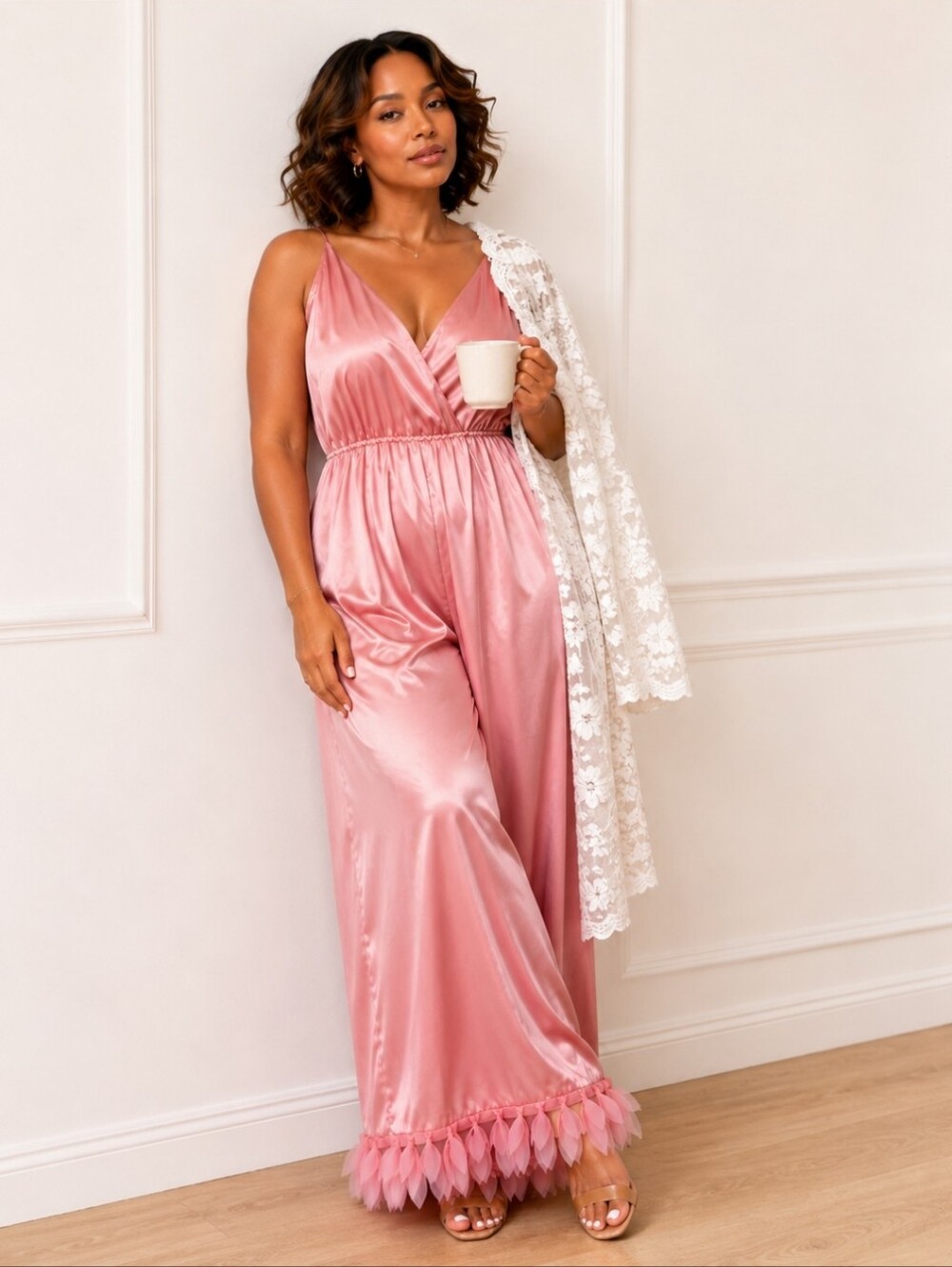 Pink Faux Satin Plus Size Jumpsuit 2XL Tall Wide Leg Petal Hem Adjustable Straps